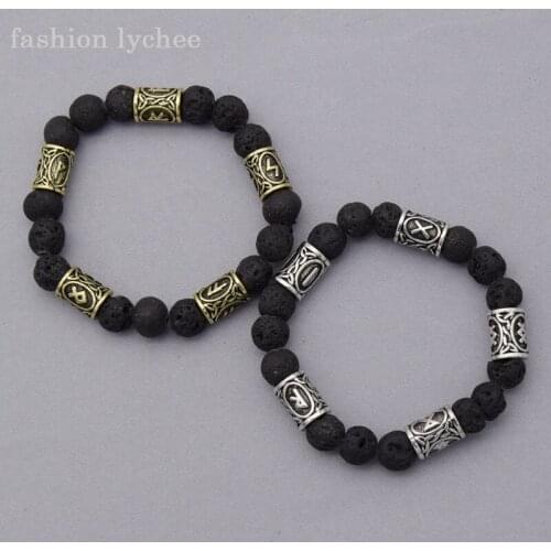 Fashion lychee Rune Retro Lava Stone Beads Chain Alloy Bracelet Vintage Silver Gold Color Men Bangle Jewelry Gift