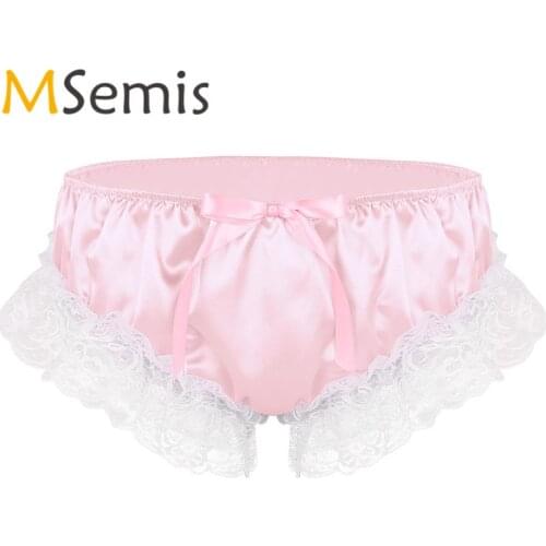 Mens Sissy Lingerie Shiny Gay Underwear Ruffled Floral Lace Panties Sissy Satin Panties for Men Low Rise Stretchy Bikini Briefs