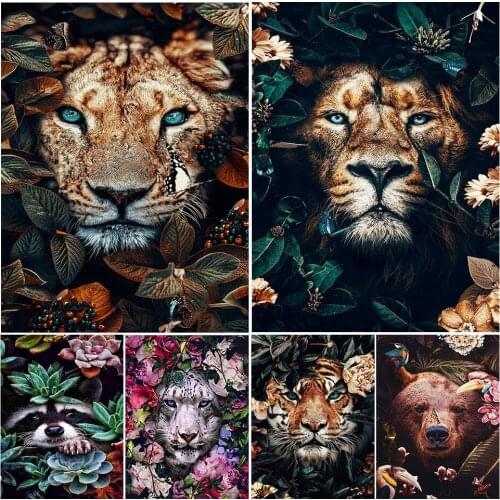 5D DIY Diamond Painting Lion Tiger Face Flowers Cross Stitch Kits Full Drill Embroidery Mosaic Art Picture of Rhinestones Decor
