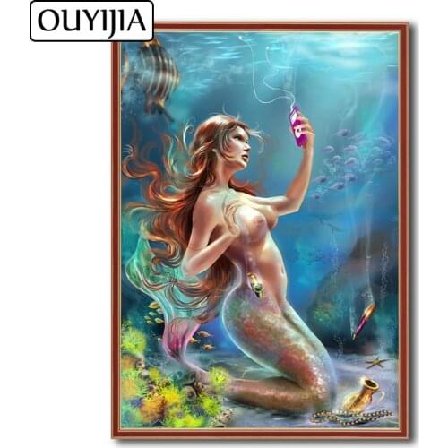 OUYIJIA Oil Mermaid 5D DIY Siren Fish Beauty Diamond Painting Embroidery Diamond Cross Stitch Mosaic Rhinestone Home Decoration