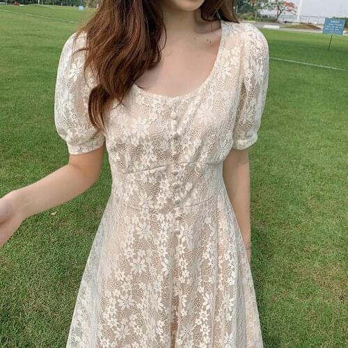 2020 Women Summer Elegant Flower-lace Slim Waist Long A-line Dress Zipper Big-round-collar Double Layer Midi Dresses