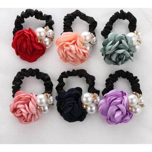 1Pc Fashion Women Big Rose Flower Elastic Hair Ring Girls Pearl Rhinestone Hair Bands Elastic Hair Rubber Bands Hair Accessories