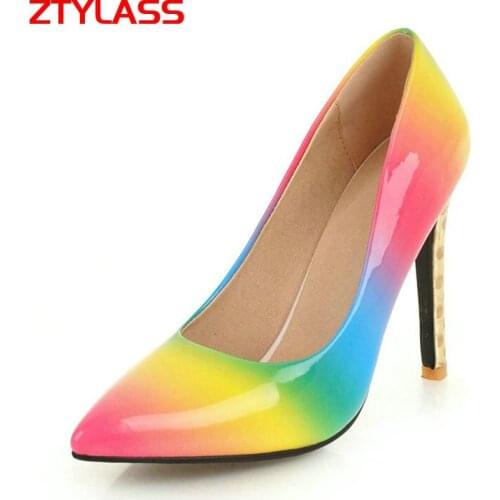 Womens High Heels Shoes Fashion Patent Leather Rainbow High Heels Pointed Toe Party Pumps Spring Autumn Shoes Woman Pink Blue