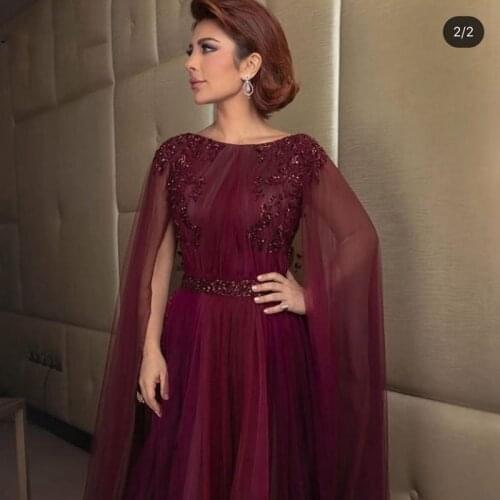 2020 Evening Dresses Scoop Appliques Cape Sleeves Tulle Long Formal Prom Party Gowns Muslim Arabic Mother of Bride Dresses