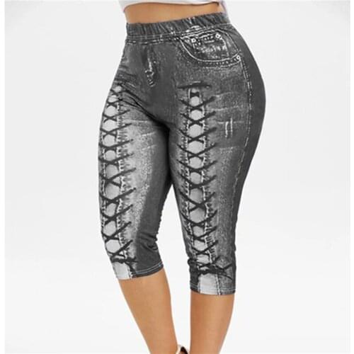 Women Fashion 3D Jeans Print Capri Leggings Casual Fitness Pants Elastic Waist Skinny Pants Plus Size