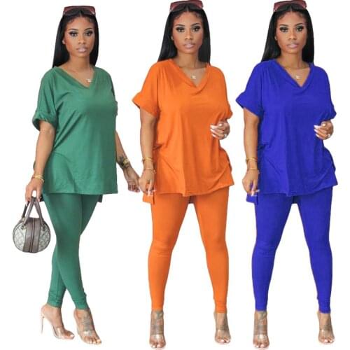 2021 Womens Summer New Two Piece Set V-neck Solid Color Loose Casual Short Sleeve Pants Suit