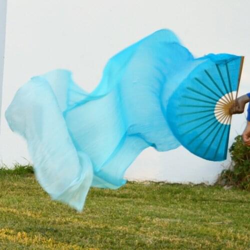 2016 High selling 100% Real Silk Veils 1 Pair handmade women Quality Silk Belly Dance Fan Dance 2 turquoise 180*90 cm