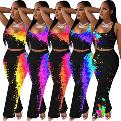 Adogirl Women Painting Printed Two Pieces Set Tank Tops Straight Wide Leg Trousers Matching Set Casual Women Set Tracksuits