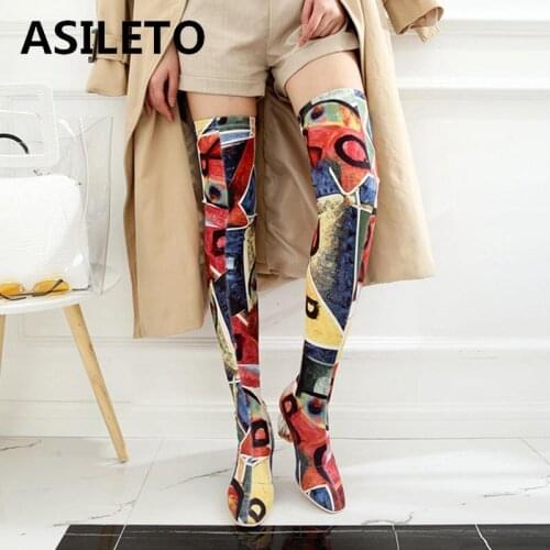 ASILETO spring Thigh High Boots women strange High Heels Over The Knee printed floral slip on stretch fabric Botas feminina S756