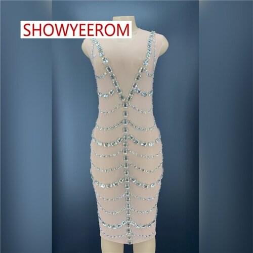 Sparkly Silver Rhinestone Mirror Elastic fabric Long Dress Women Birthday Stage play Celebrate Dress Dancer Party Show Dress