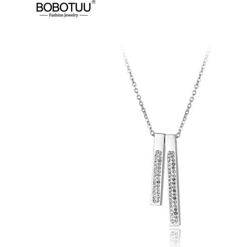 BOBOTUU Trendy Rhinestone Double Geometric Rectangle Choker Necklace For Women Stainless Steel Wedding Necklace Jewelry BN18049