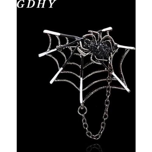 GDHY Retro Big Spider Spider web Tassel Brooches Black Rhinestone Insect Spider Brooch Pins For Kids Men Tassel Badge Broch Gift