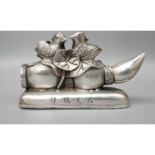 Chinese White Copper Mandarin Duck Lotus Root Crafts Statue