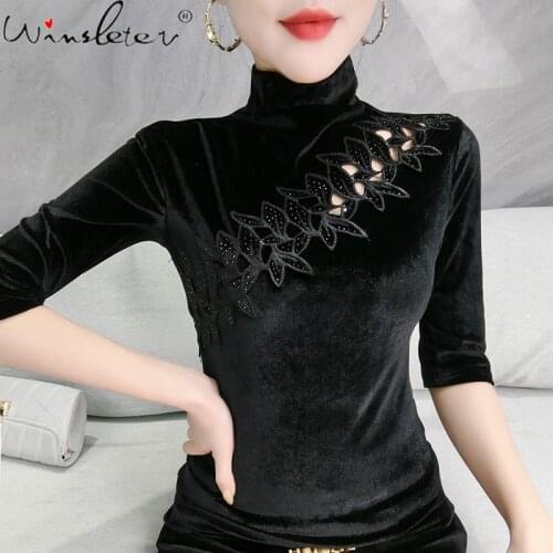Summer Korean Clothes Velvet T-Shirt Sexy Turtleneck Patchwork Hollow Out Shiny Diamonds Women Tops Half Sleeve Tees New T13125A
