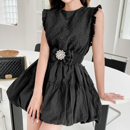 Fashion Korean Vintage Sexy Ruffle Sleeveless Mini Party Club Dress Ladies Elegant Coffee Break Casual Sashes Black Short Dress