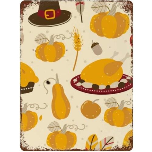 NoBrands Vintage Retro Metal Tin Sign Wall Decor Art Thanks Giving Golden Turkey Pumpkin Table Food Group Home Decor 20x30or