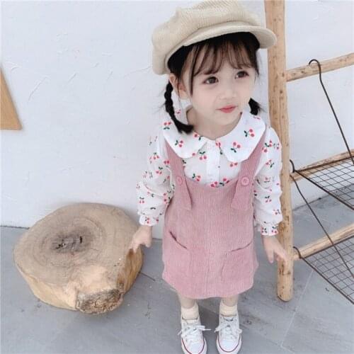 Toddler Kids Baby Girl Autumn Dress Cartoon Cherry Printed Long Sleeve T-shirt Round Collar Tops+Bib Skirt 2 pcs Clothes Dress