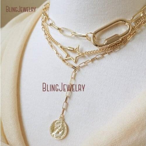 NM33807 Star Carabiner Necklace Thick Link Gold Coin Y Drop Necklace Screw Clasp Necklace Layering Jewelry