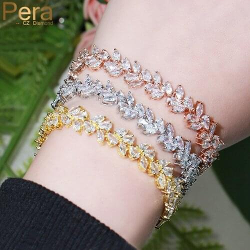Pera Adjustable Marquise Cut CZ Crystal Elegant Leaf Shape Link Chain Bracelets Bangle for Femme Bridal Wedding Jewelry B203