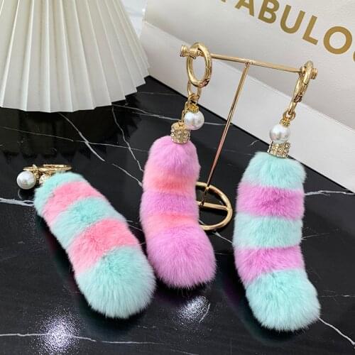 Womens Bag Charm Real Fur Pendant Natural Rex Rabbit fur Stitching color tail keychain Handbag Trinket Car Key rings Furry