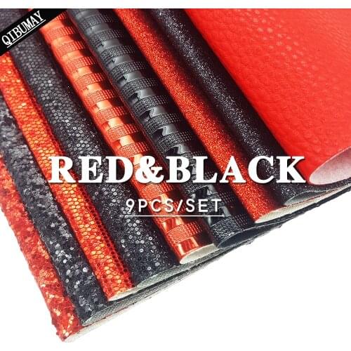 QIBU 9pcs 22*30cm Red&Black Faux Leather Sheets Chunky Glitter Fabric Materials A4 Size Handmade Hair bow Decoration DIY Earring