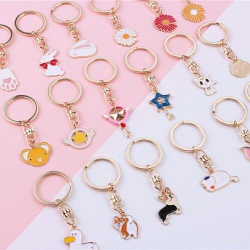 Cute Cartoon Alloy Enamel Rabbit Duck Cardcaptor Sakura Shiba Inu Corgi Cat Daisy Keychain Keyring For Women Bag Charm Pendant