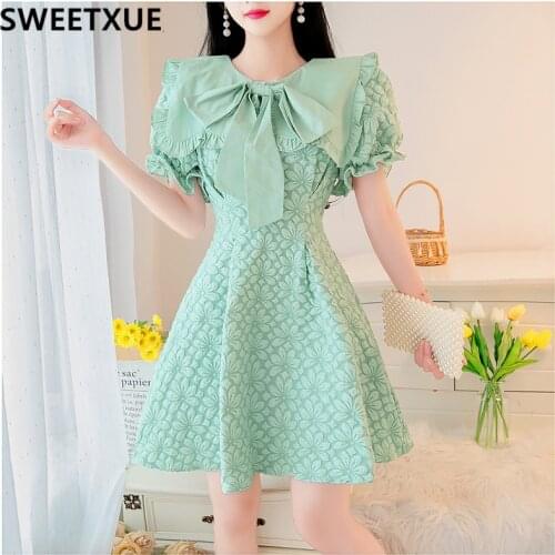 SWEETXUE Girls Turn-down Collar Bow Puff Sleeve Dress Womens Summer Fashion Sweet Cute Female 2021 Korean Chic Vestidos Mujer