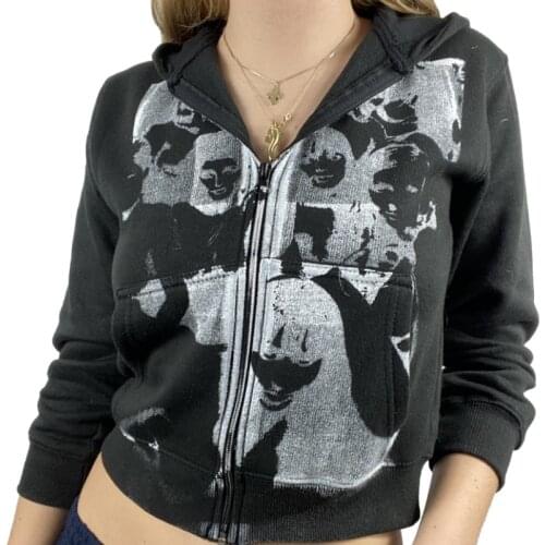 Women’s Zip Up Hoodie, Casual Long Sleeve Portrait Print Loose Fit Sweatshirt Crop Tops Spring Autumn