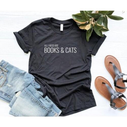 All I Need are Books & Cats Mama lover retirement gift t-shirts Mom Cotton Fashion Shirt O Neck T-shirt Short Sleeve Top Tees