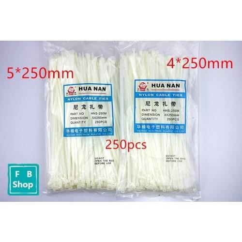 High quality 250Pcs/pack 5*250mm/4*250 width 3.6mm White Color Factory Standard Self-locking Plastic Nylon Cable Ties