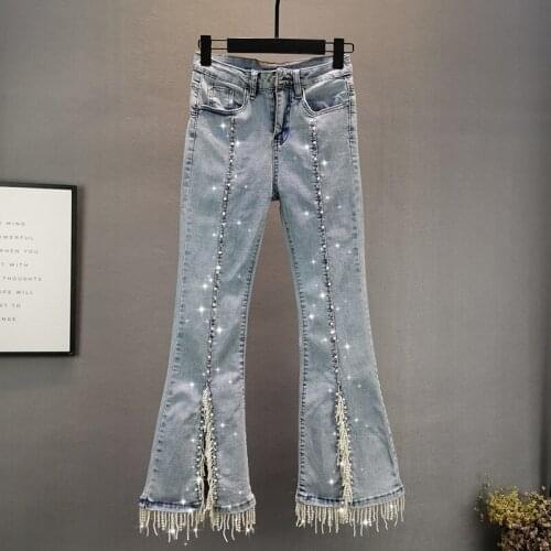 Beading Flare Women Jeans Summer Vintage 2021 High Waist Solid Slim Ankle Length Female Clothing Top Quality
