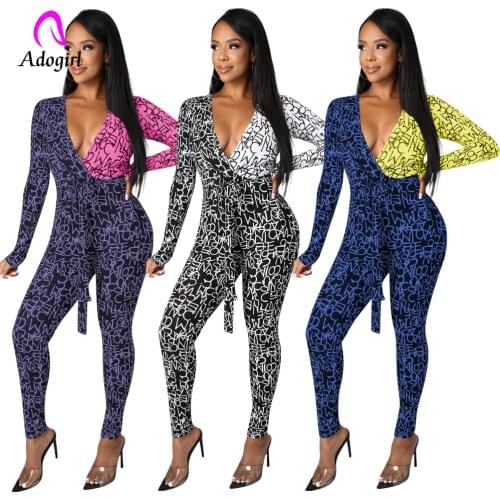 Fitness Women Rompers Long Sleeve Skinny Lace Up Jumpsuits 2021 Autumn Sexy Deep V Neck Night Club Party One Piece Activewear