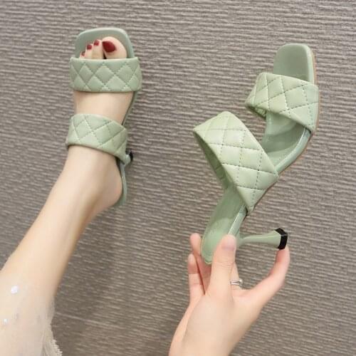 NEW Sexy PU diamond Square head Peep Toe High Heel Slippers Summer Fashion Slip On Thin Heels Slides Women Mules Party