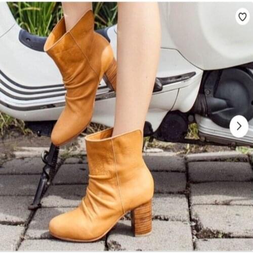 Plus Size High Heel Ankle Boots for Women Round Toe Pleated Leather Womens Boots Fashion Chunky Heel Boots for Women Winter
