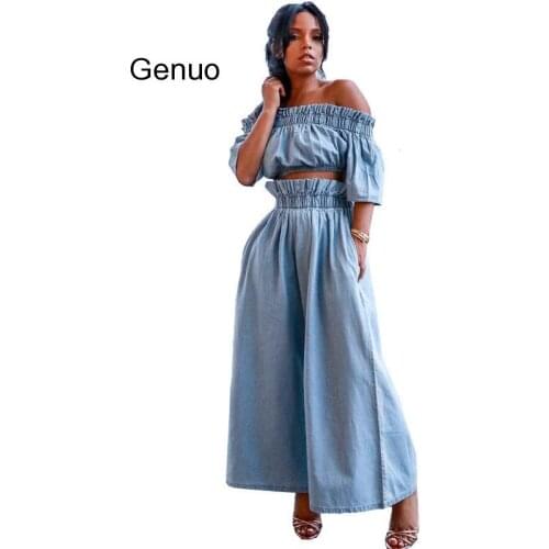 Denim 2pcs Set Women Ruffles Short Sleeves And Long Wide Jeans 2 Pieces Sets Casual Streetwear Femme Summer New 2020