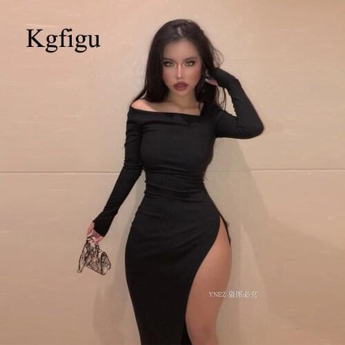 KGFIGU Women Slash Neck Long Sleeve Maxi Dress Winter Side Split Bodycon Robe Sexy Birthday Party Night Cute Gray Vestidos Suits