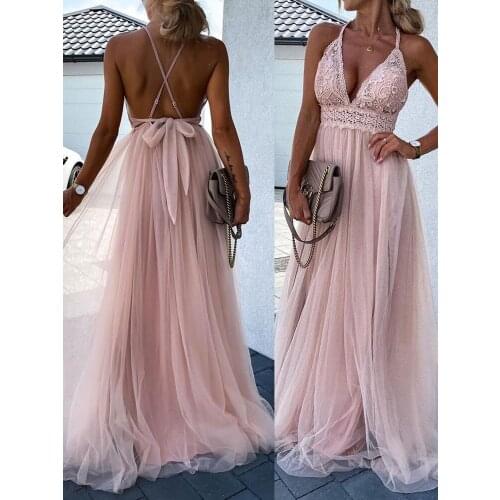 Women Plain Lace Patch Sheer Mesh Party Dress 2021 Femme Elegant Bandage Back V Neck Maxi Prom Robe Lady traf Evening Clothing