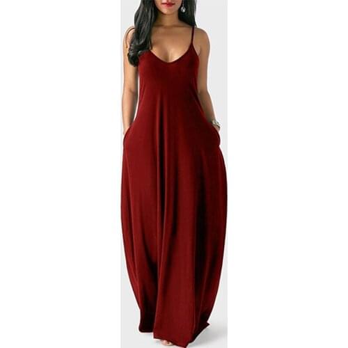 Sleeveless Pockets Solid Color Maxi Dress Women Summer Long Dress Loose Sexy Spaghetti Strap Casual Size Beach Dresses G2820