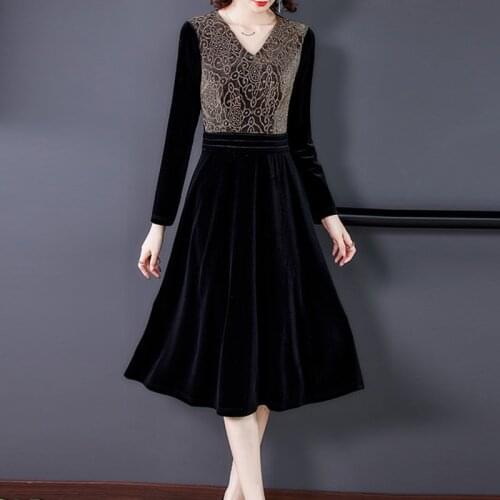 Spring Autumn High Quality Gold Wire Black Velvet Midi Dress Women Elegant Bodycon Party Vestidos 4XL Plus Size Vintage Dresses