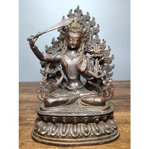 10"Tibet Buddhism Old Bronze Lacquer Cinnabar Back light Manjushri Raise the sword Guanyin Bodhisattva Buddha Statue