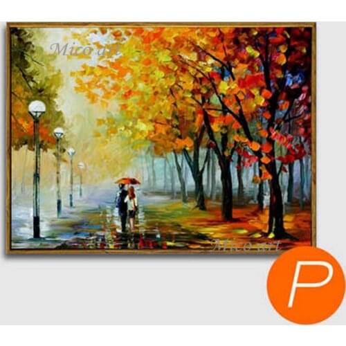 100% hand-painted oil painting, two people drawing on art knife on canvas in living room in autumn woods