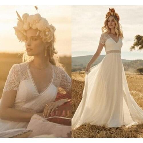 2020 Bohemian Wedding Dress Vintage Lace Appliqued V Neck Country Beach Boho Chiffon Bridal Gowns Hot Sale