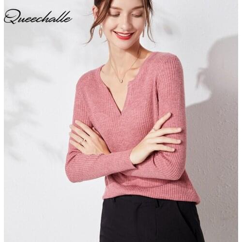 6 Color Knitted Sweater Autumn Winter V neck Elastic Slim Basic Pullover Sweaters Womens Brick red Long Sleeve Casual Knit Tops