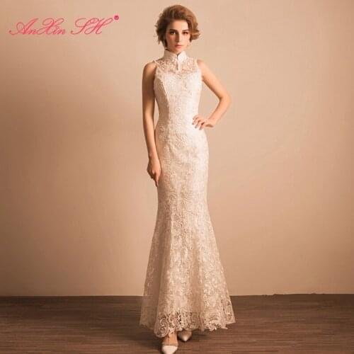 AXJFU Sexy lace Halter backless bride cheongsam evening dress flower white fishtail lace evening dress dinner 1399