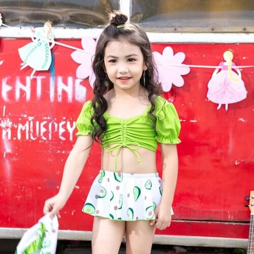 Children girls two pieces swimwear with a cap kids beach suit sports or outside swimming suit for 3-11 years old