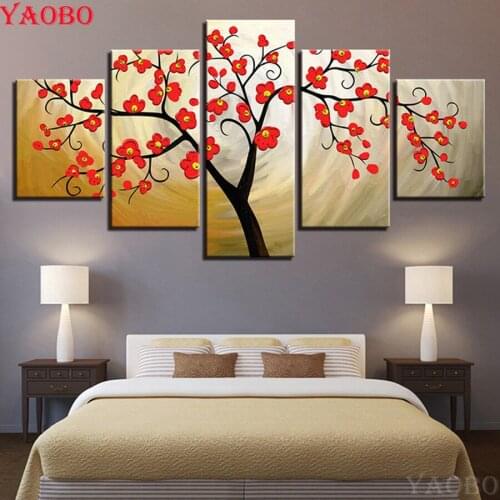 DIY 5D Diamond Painting 5 Pieces Red Plum Blossom Tree 3D Full Square Rhinestone Embroidery Diamond Mosaic Needlework home decor
