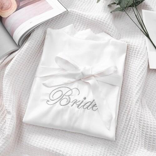 Bride Bridesmaids Letter Embroidery Bathrobe Women Silk Satin Kimono Robe Gown Spring Summer Sleepwear Lounge Home Dress