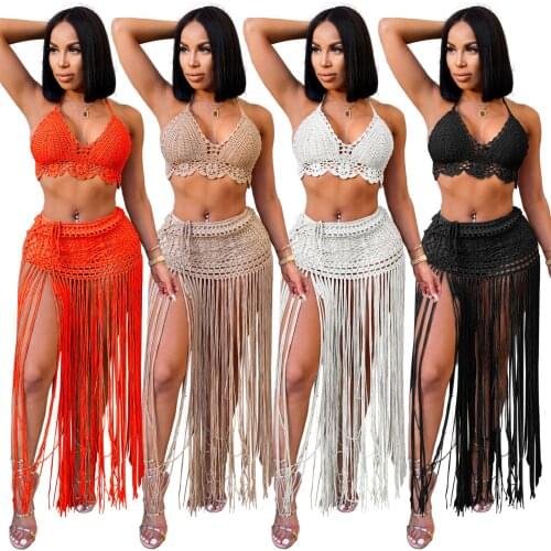 Women Tassel Swimwear Crochet Bikini Set Summer Sexy See Through Cover Up Skirt Hollow Out 2 Piece Knitted Beach Set