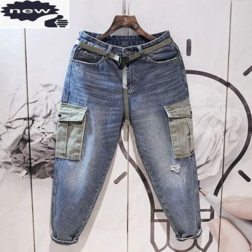 Summer Men Loose Straight Jeans Cotton Ankle-Length Cargo Fashion Patchwork Pockets Hole Ripped Retro Harem Denim Pants