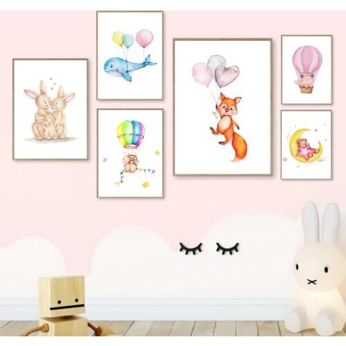 Hot Balloon Bear Whale Rabbit Fox Moon Wall Art Canvas Painting Nordic Posters And Prints Wall Pictures Kids Nursery Room Decor